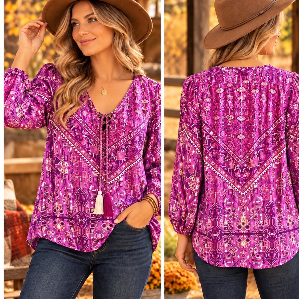 Roamans 16W Bright Purple Boho Geometric Tassel Lace Up Rayon Peasant Blouse